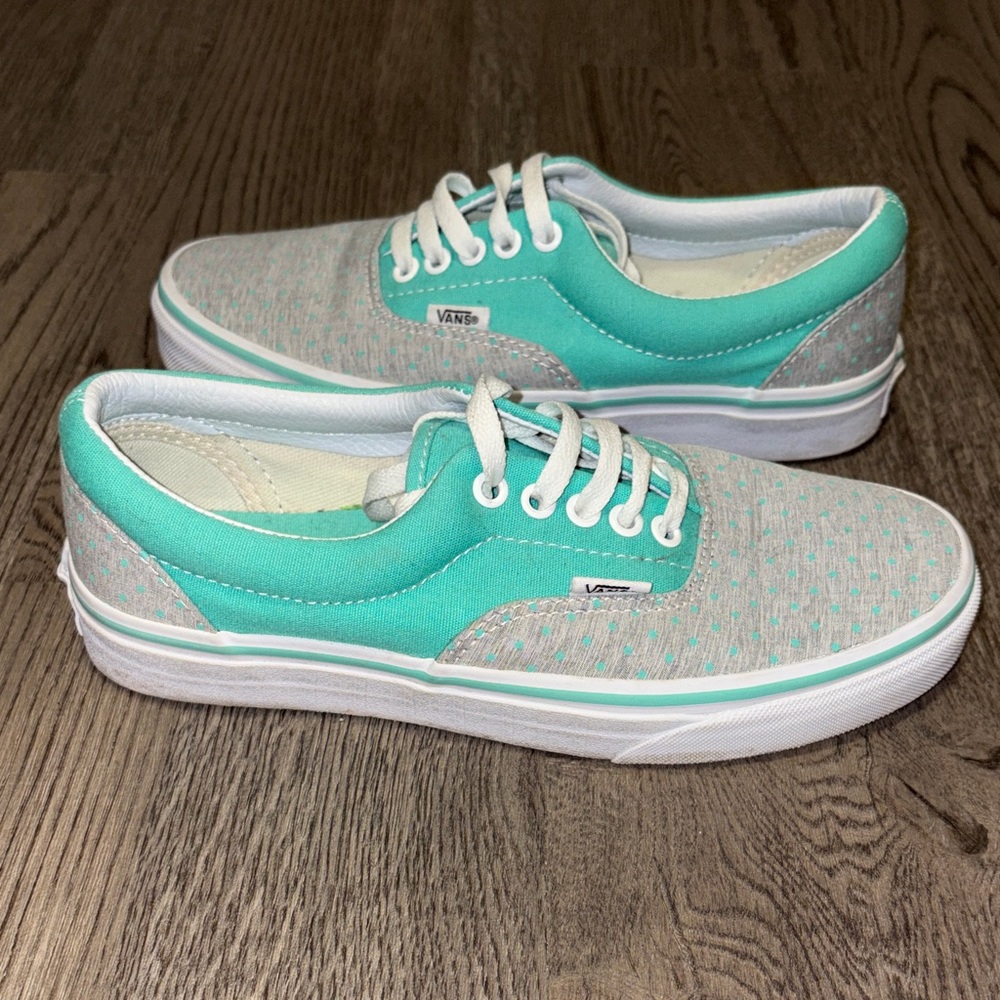 Vans Era sneakers in gray and teal with a polka dot pattern.
